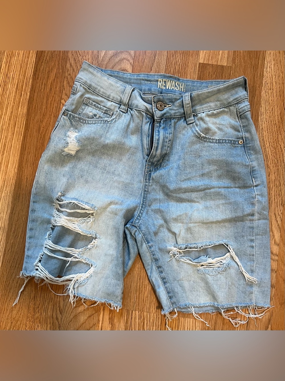 Rewash Light Blue Distressed Denim Shorts with Frayed Hem